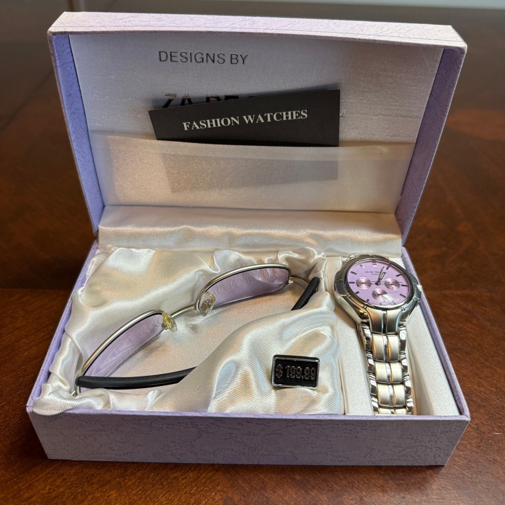 Za-De-Troit Mens Watch and Sunglasses Gift Set Lavender Dial Stainless Steel NEW